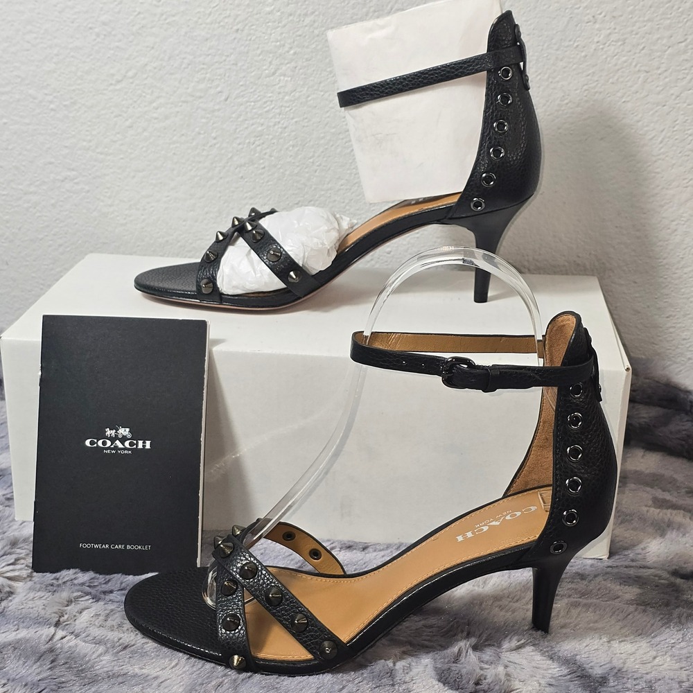 NWB Coach May Polished Pebble‎ Black Studded Kitten Heel Sandals Women Size 5